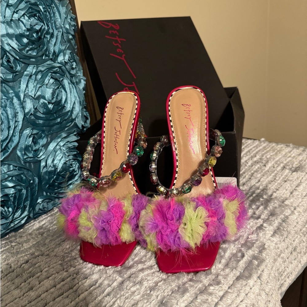 Betsey Johnson Pink and Green Fur Heels